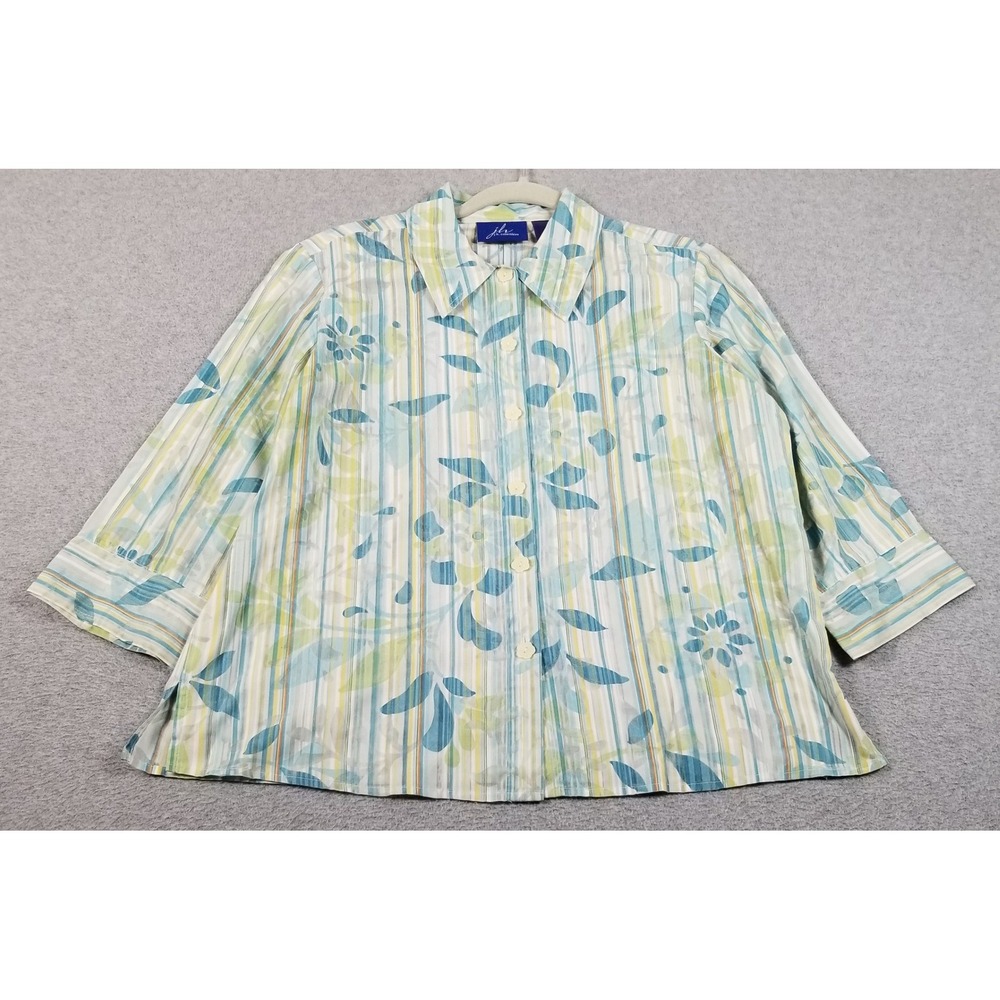 JH Collectibles Button Up Shirt Women M Medium Blue Green Floral Stripe Sheer